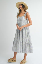 MABLE Floral Ruffle Shoulder Tiered Midi Dress | Daverri Fashions