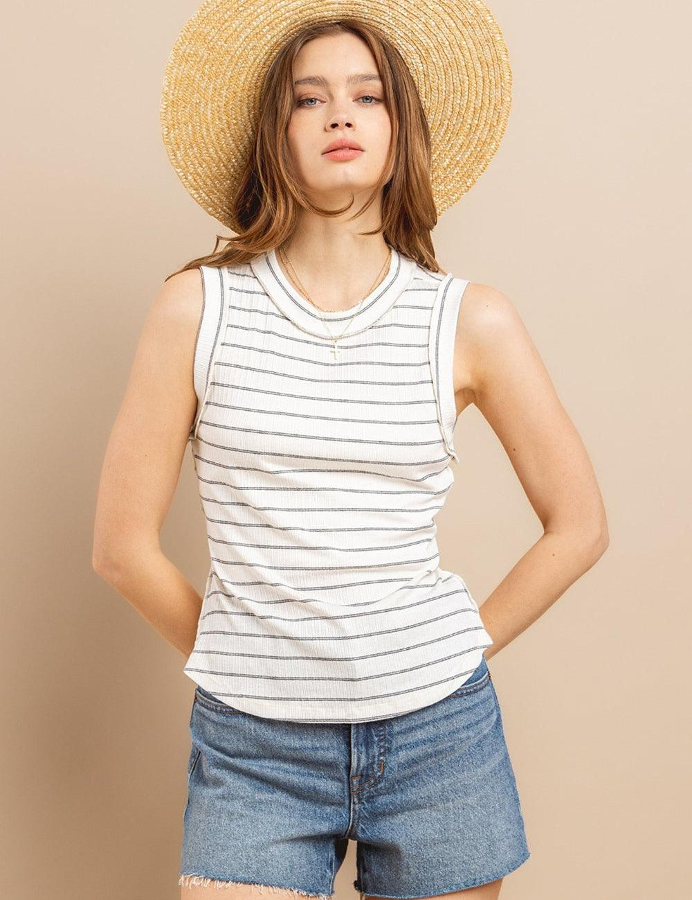 Ivory Ces Femme Striped Round Neck Tank | Tank Tops Daverri Fashions