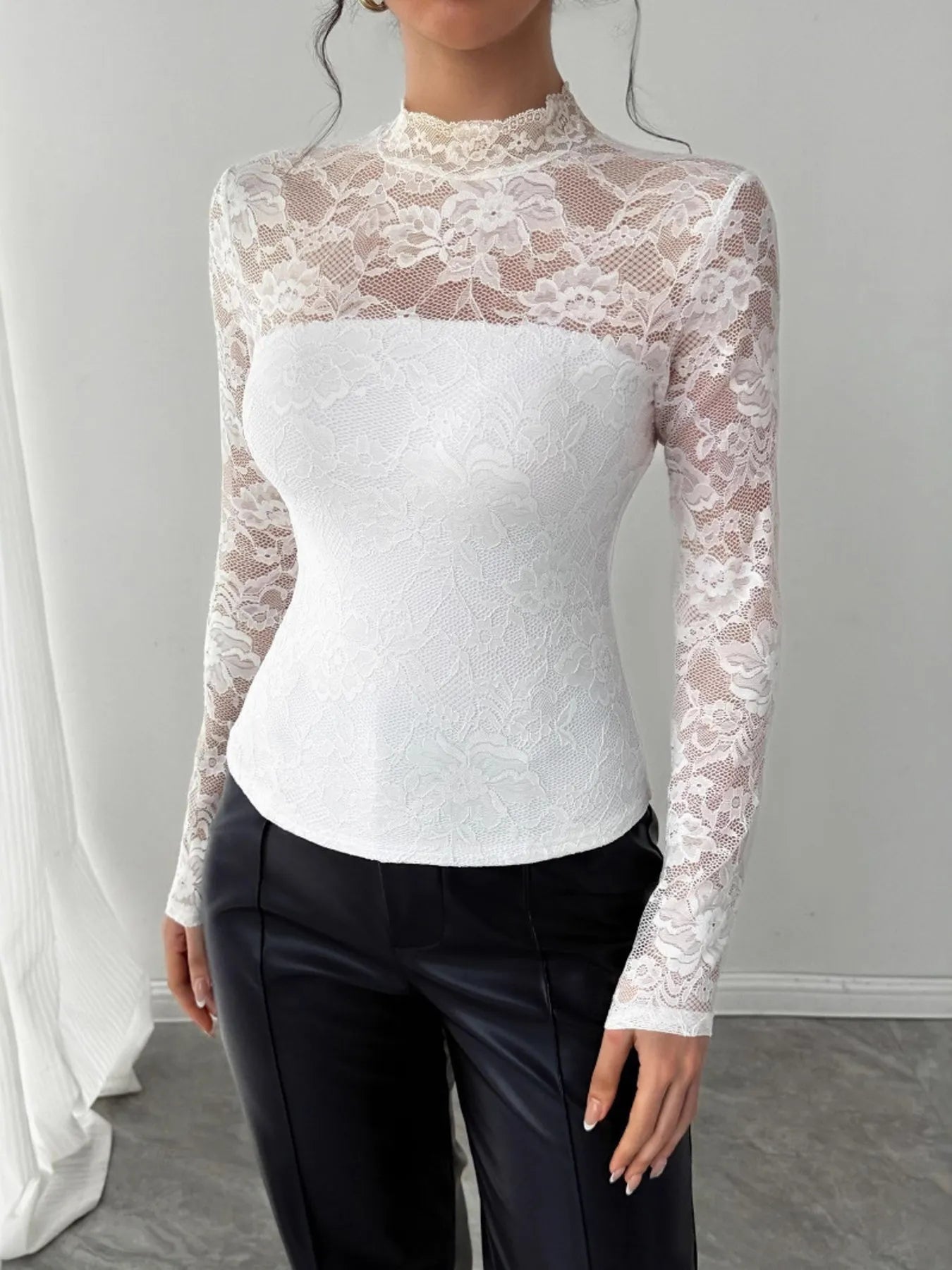 Mock Neck Long Sleeve Lace Top | Tops Daverri Fashions
