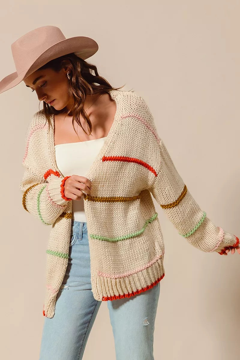 SO ME Loose Fit Multi Stripe Open Front Cardigan | Daverri Fashions