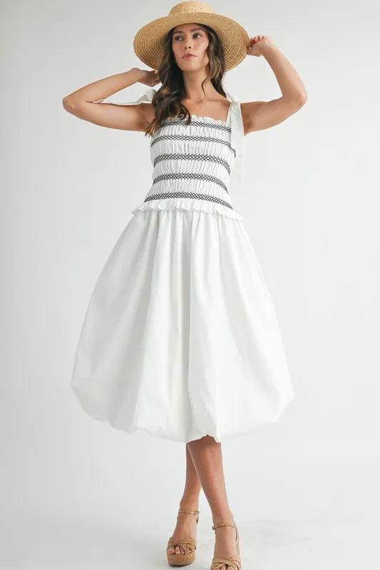 MABLE Smocked Bodice Bubble Midi Dress | Daverri Fashions