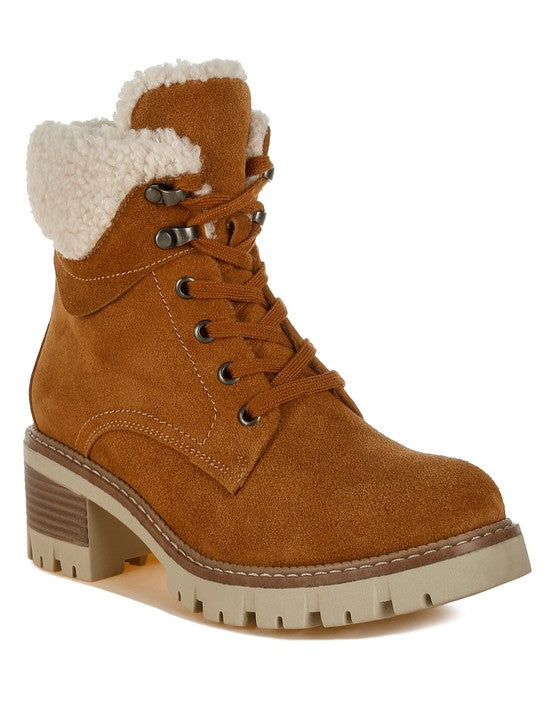 Tan Madoka Fur Collar Chunky Ankle Boots | Boots Daverri Fashions