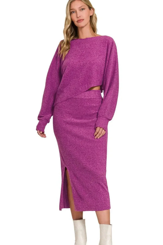 Zenana Ribbed Asymmetric Hem and Sleeve Top & Skirt Set - DAVERRI FASHIONS