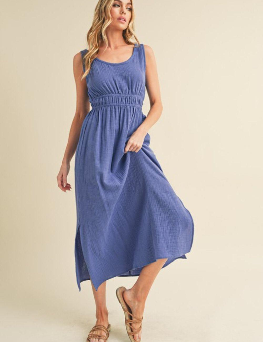 Dusty Blue S Aemi + Co Side Slit Round Neck Sleeveless Tank Dress | Tank Dresses Daverri Fashions