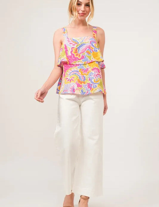 MULTI And The Why Square Neck Tiered Paisley Printed Top | Tops Daverri Fashions
