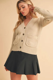 Aemi + Co Ribbed Hem Button Down V-Neck Cardigan | Daverri Fashions