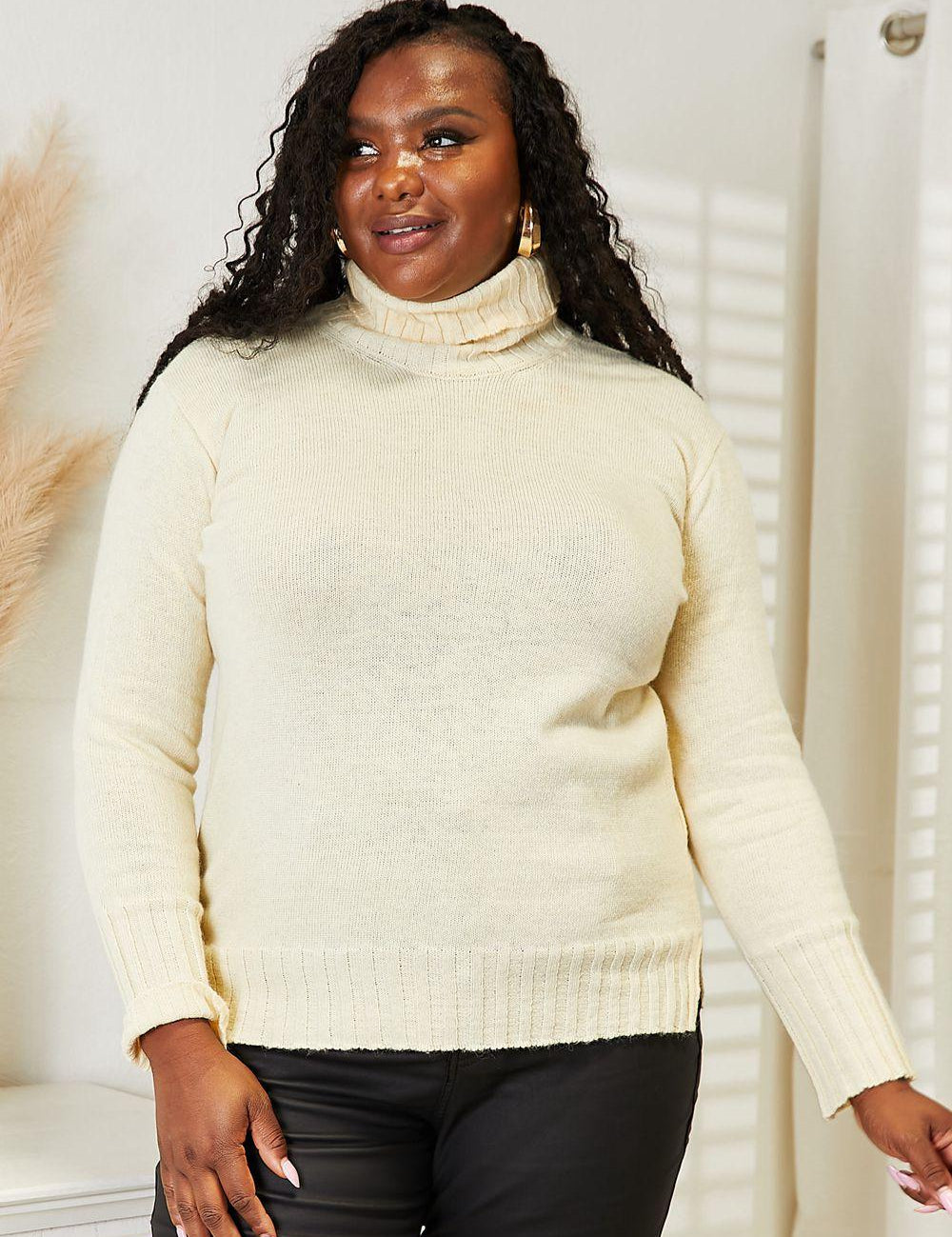 Cream Heimish Full Size Long Sleeve Turtleneck Sweater with Side Slit | Sweaters Daverri Fashions