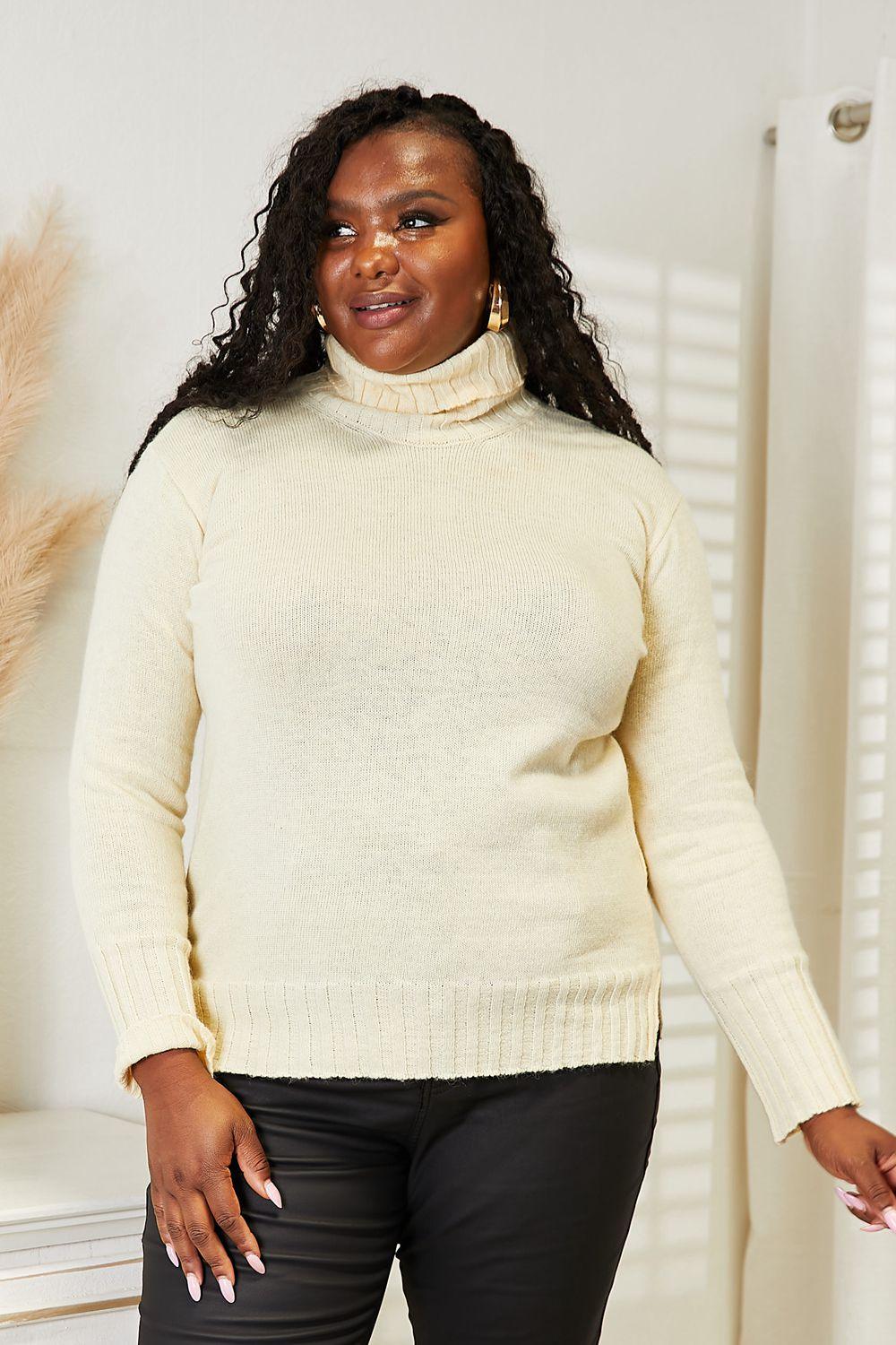 Cream Heimish Full Size Long Sleeve Turtleneck Sweater with Side Slit | Sweaters Daverri Fashions
