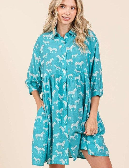 Seagreen Mittoshop Seagreen Zebra Print Button Down Shirt Mini Dress | Mini Dresses Daverri Fashions