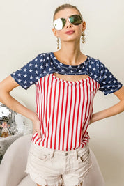 BiBi American Flag Theme Front Cut Out Top | Tops Daverri Fashions