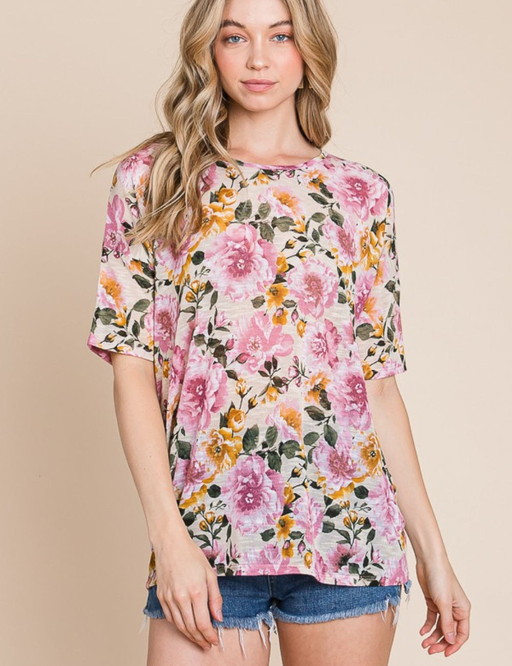 Sand BOMBOM Floral Round Neck T-Shirt | Daverri Fashions
