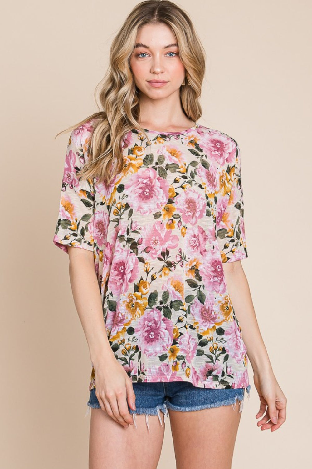 Sand BOMBOM Floral Round Neck T-Shirt | Daverri Fashions