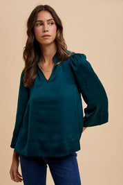 Annie Wear Satin Notched Three-Quarter Sleeve Blouse | Blouses Daverri Fashions