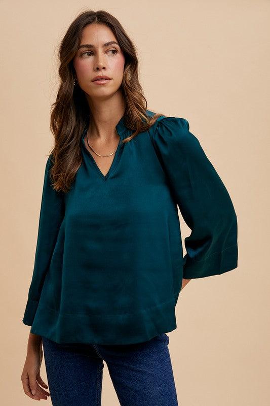 Annie Wear Satin Notched Three-Quarter Sleeve Blouse | Blouses Daverri Fashions