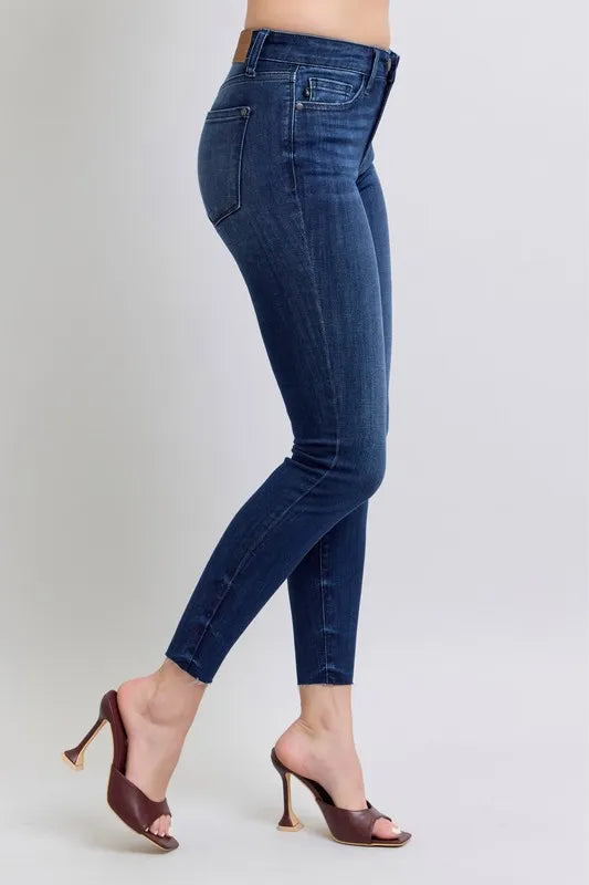 Judy Blue Full Size Mid Rise Skinny Jeans with Raw Hem Plus Size | Daverri Fashions
