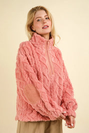VERY J Fuzzy Fleece Half Zip Cable Pattern Sweatshirt Blush | Sweatshirts Daverri Fashions
