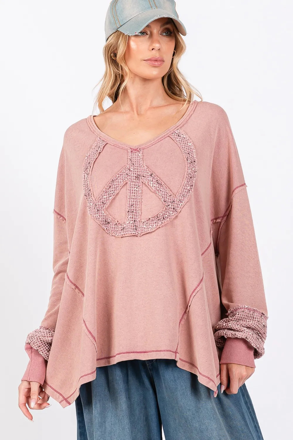 SAGE + FIG Peace Sign Mineral Wash Terry Top | Tops Daverri Fashions