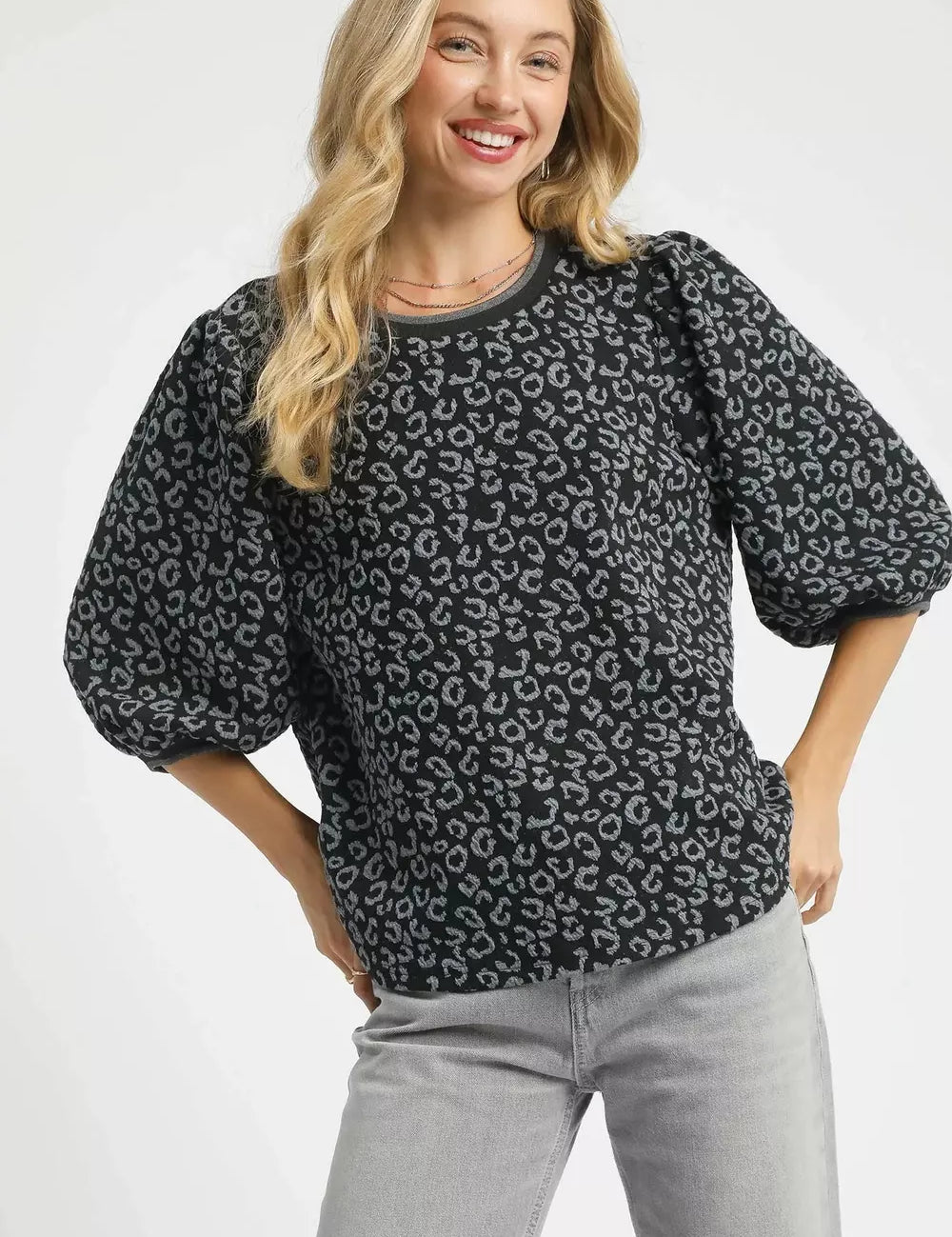 CHARCOAL Umgee Leopard Print Jacquard Blouse with Puff Sleeves | Blouses Daverri Fashions