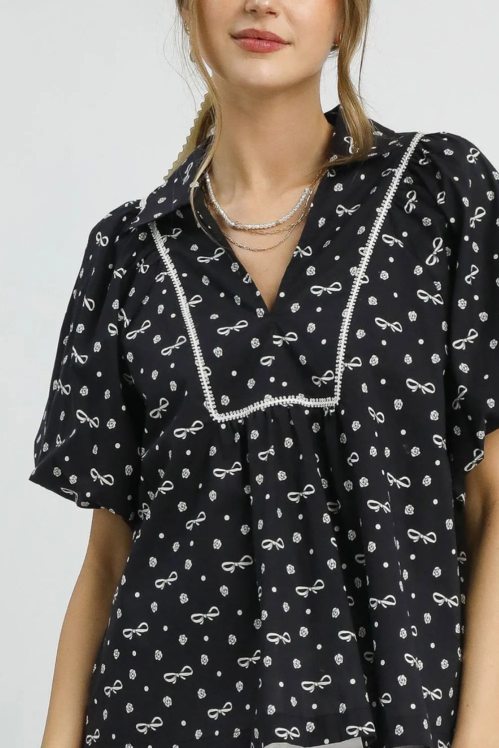 Umgee Bow Print Puff Sleeve Blouse | Daverri Fashions