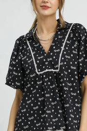 Umgee Bow Print Puff Sleeve Blouse | Daverri Fashions