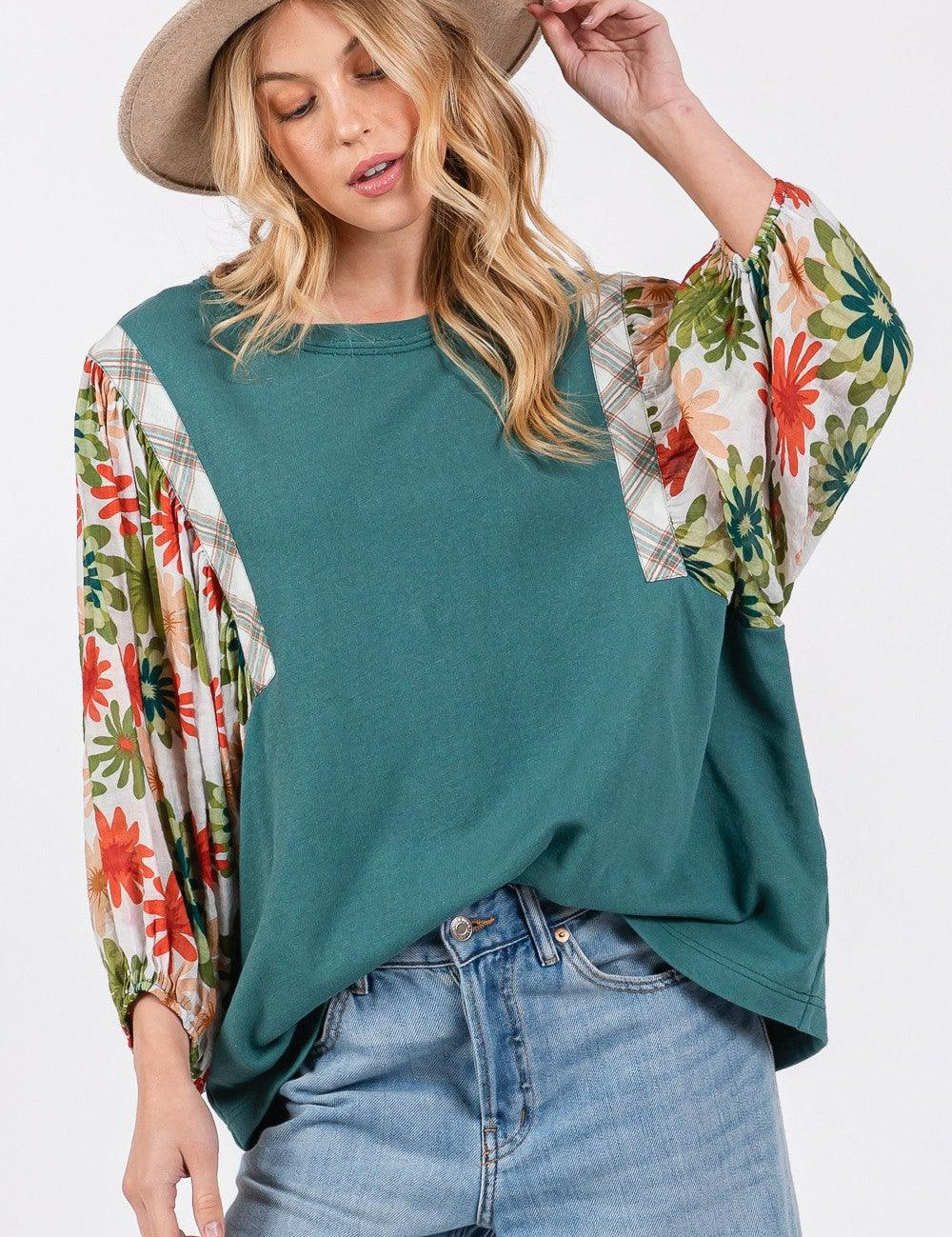 Teal SAGE + FIG Full Size Printed Balloon Sleeve Contrast Top | Tops Daverri Fashions