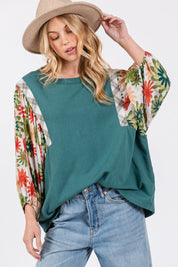 Teal SAGE + FIG Full Size Printed Balloon Sleeve Contrast Top | Tops Daverri Fashions
