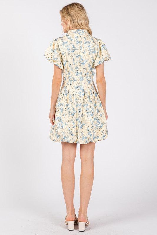 GeeGee Floral Eyelet Zipper Front Puff Sleeve Mini Dress | Daverri Fashions