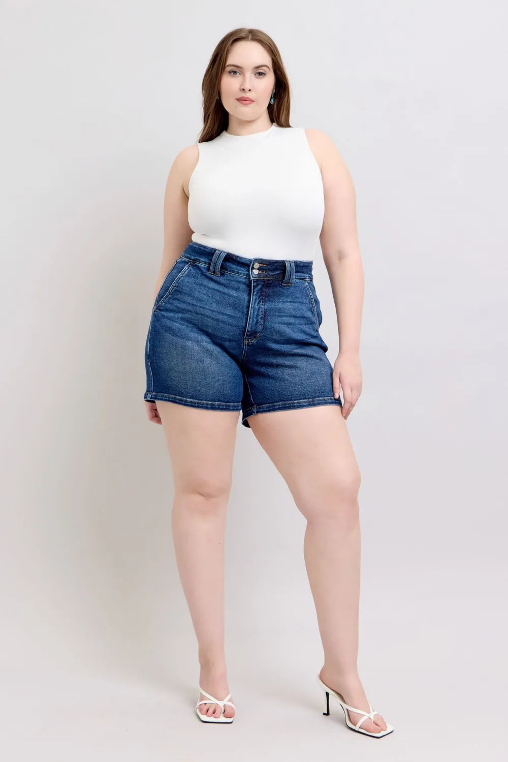 Judy Blue Double Button Waistband Denim Shorts Plus Size | Denim Shorts Daverri Fashions