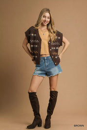 Umgee Button-Down Knit Vest with Floral Pattern | Sweaters Daverri Fashions
