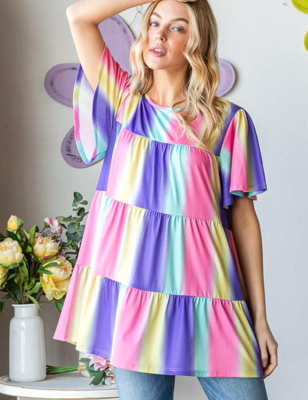 Multi Heimish Full Size Short Sleeve Striped Tiered Top | Tops Daverri Fashions