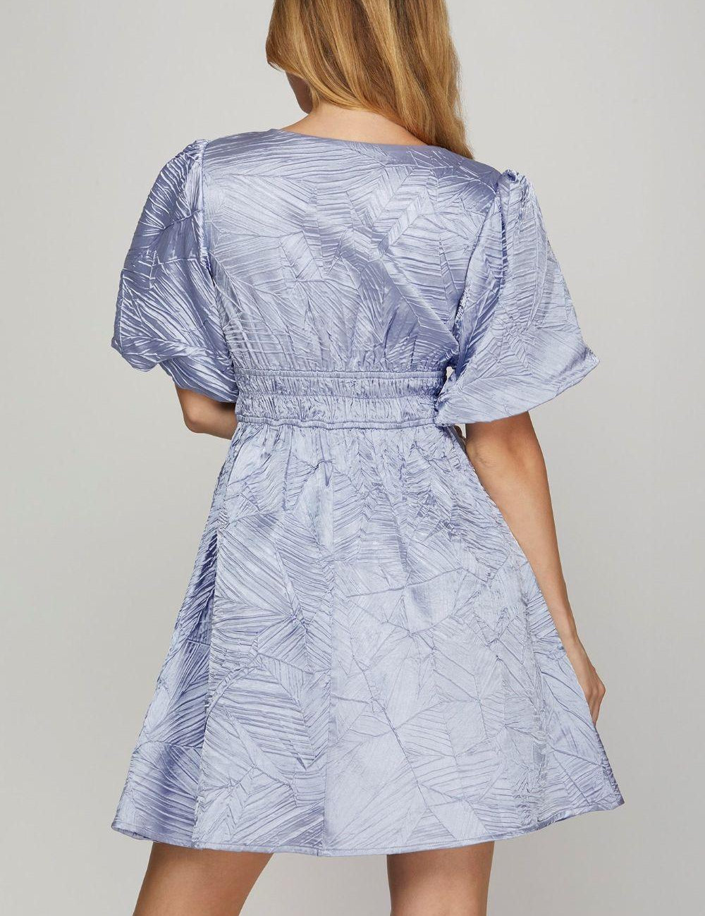 She + Sky Crinkle Woven V-Neck Balloon Sleeve Mini Dress | Mini Dresses Daverri Fashions