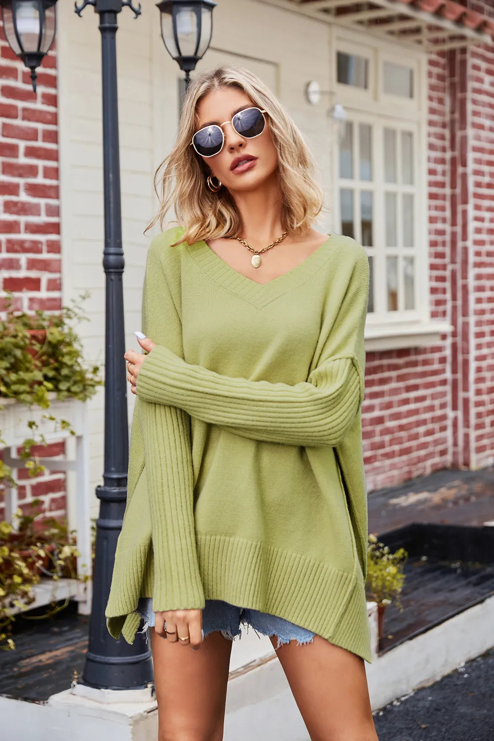 Slit V-Neck Dropped Shoulder Sweater | Sweaters Daverri Fashions