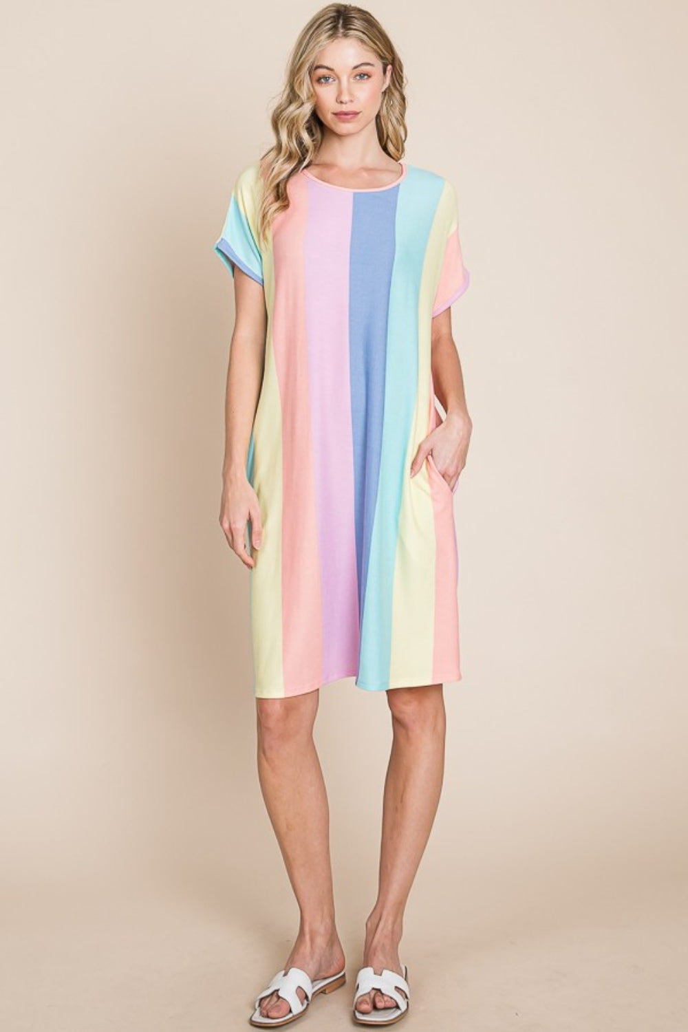 BOMBOM Striped Short Sleeve Dress with Pockets | Daverri Fashions
