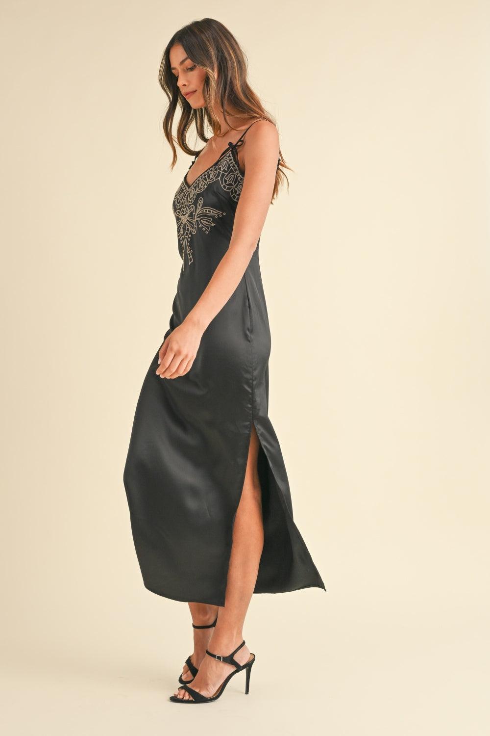 Mable Embroidered Cami Satin Midi Slit Dress | Daverri Fashions