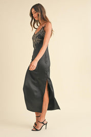 Mable Embroidered Cami Satin Midi Slit Dress | Daverri Fashions