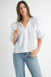 MABLE Stripe Ruffle Shoulder Puff Sleeve Blouse | Daverri Fashions