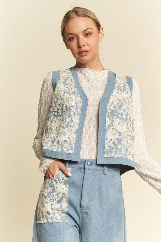 Davi & Dani Lace Patch Open Front Denim Vest | Denim Vests Daverri Fashions