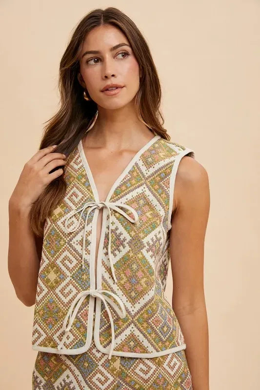 Annie Wear Ethnic Woven Jacquard Tie Front Vest - DAVERRI FASHIONS
