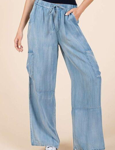 Lt Denim Mittoshop Washed Elastic Waist Cargo Wide Leg Pants | Pants Daverri Fashions