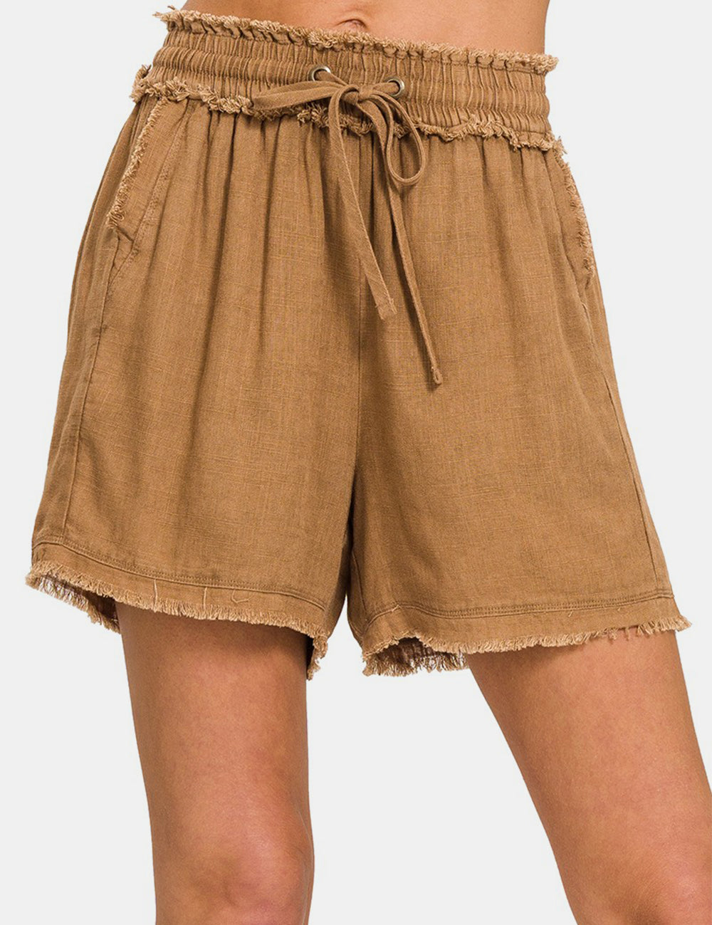 Deep Camel Zenana Washed Linen Frayed Hem Drawstring Shorts | Shorts Daverri Fashions