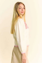 Davi & Dani Flower Patch Fuzzy Mock Neck Sweater | Sweaters Daverri Fashions