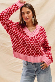 SO ME Color Block Textured Christmas Sweater V Neck Top | Sweaters Daverri Fashions
