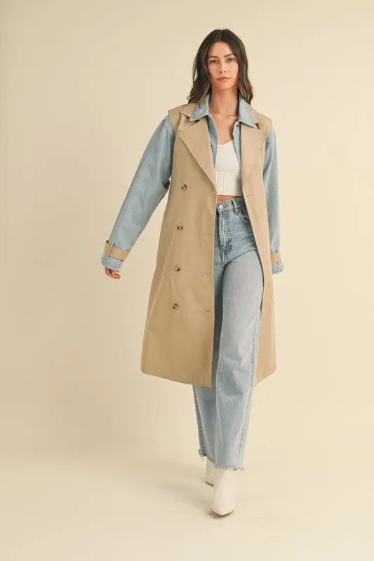 MABLE Layered Look Trench Coat With Denim Jacket | Daverri Fashions