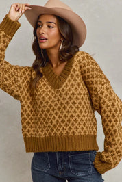 SO ME Color Block Textured Christmas Sweater V Neck Top | Sweaters Daverri Fashions