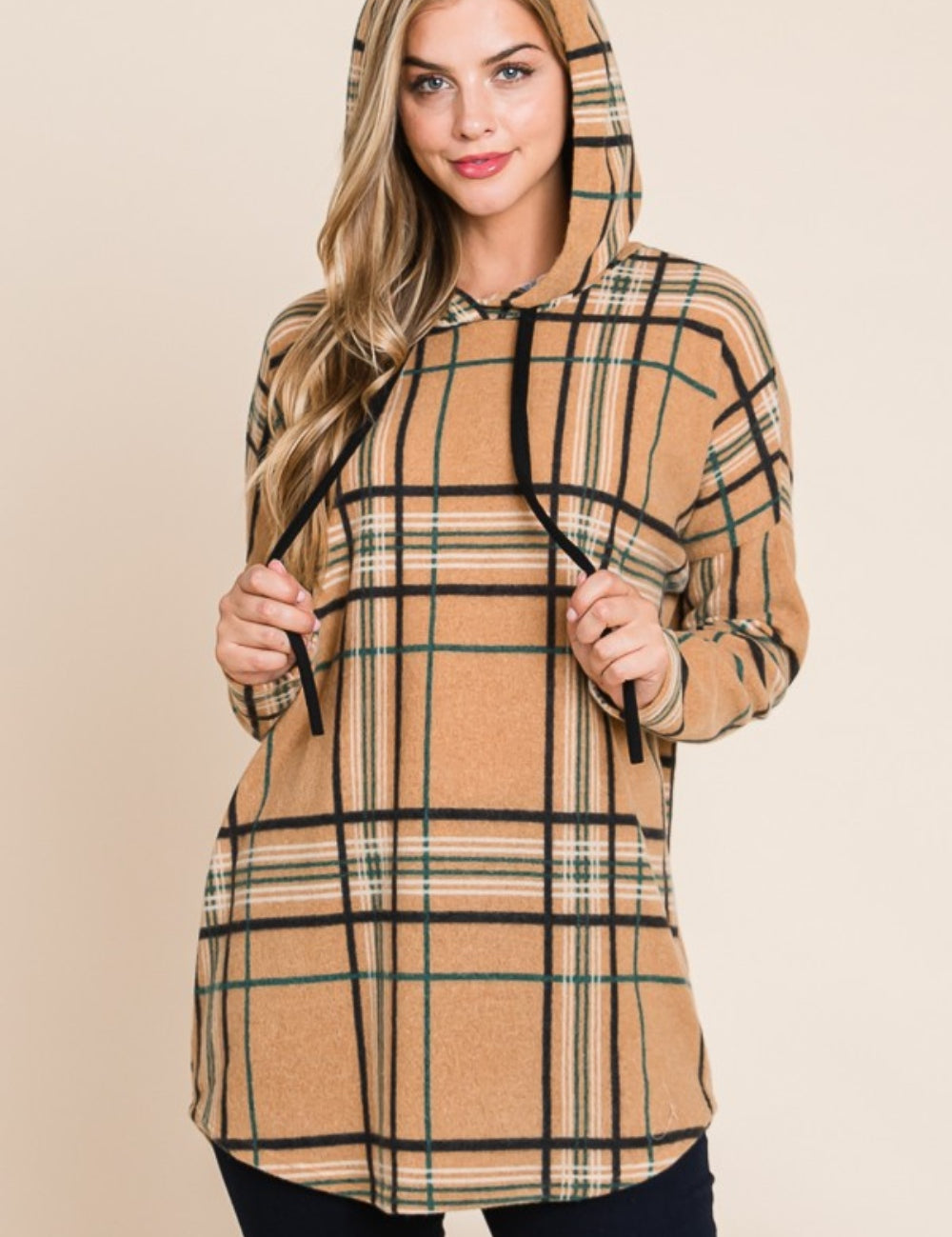 Taupe BOMBOM Drawstring Plaid Long Sleeve Hoodie | Daverri Fashions