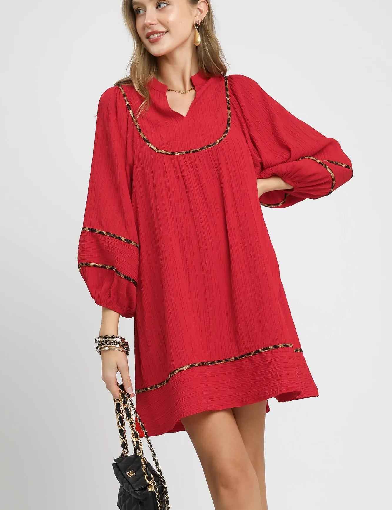 Red M Umgee Textured Babydoll Dress with Leopard Trim | Daverri Fashions
