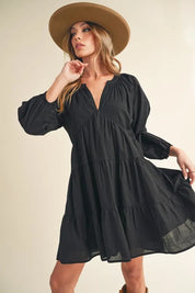 Black Aemi + Co Notched Balloon Sleeve Tiered Mini Dress | Daverri Fashions