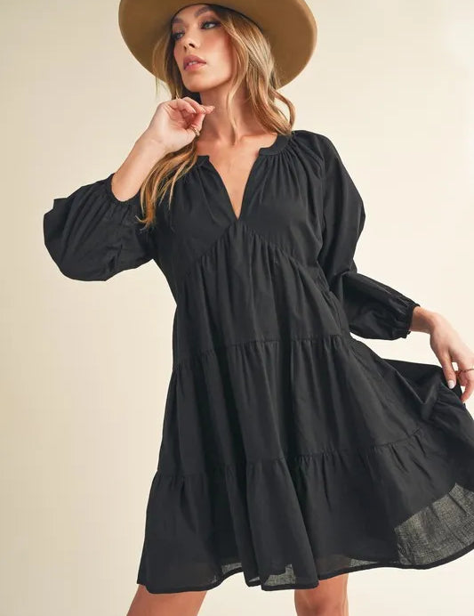 Black Aemi + Co Notched Balloon Sleeve Tiered Mini Dress | Daverri Fashions