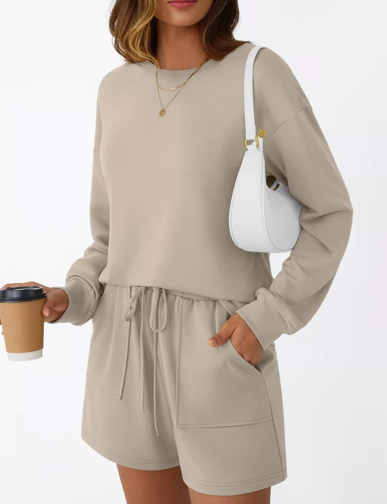 Apricot Round Neck Long Sleeve Top and Shorts Set | Loungewear Sets Daverri Fashions