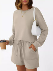 Apricot Round Neck Long Sleeve Top and Shorts Set | Loungewear Sets Daverri Fashions